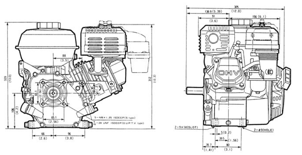 Vue avant et côté du moteur GX160, dimensions affichées pour la hauteur et la largeur