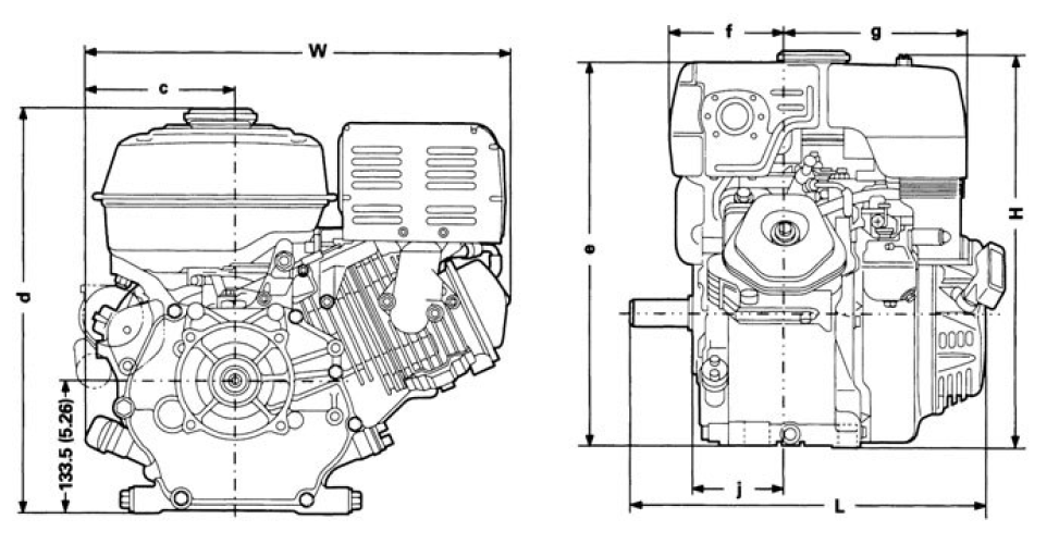 Vue avant et côté du moteur GX270, dimensions affichées pour la hauteur et la largeur