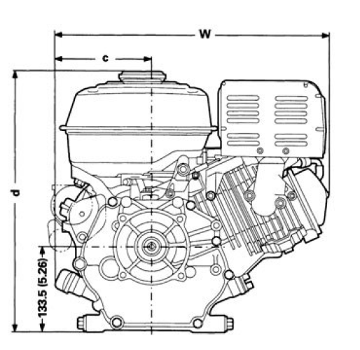 Vue avant et côté du moteur GX390, dimensions affichées pour la hauteur et la largeur